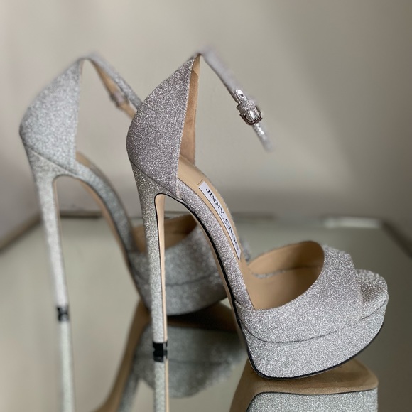 Jimmy Choo Max 150 Metallic Silver Glitter Platform Stiletto Sandals 35 - Picture 10 of 14